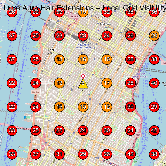 Luxe Aura Hair Extensions GeoGrid visibility map for Hair Salon in New York